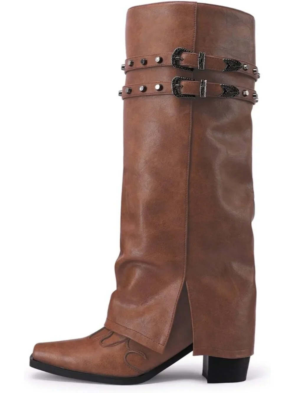 Women's Brown Pointed Toe Block Mid Heel Fold Over Wide Calf Knee High Boots